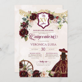 Dark Burgundy Rose Elegante Charro Quinceanera Einladung