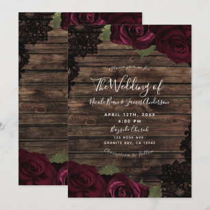 Dark Burgundy Rose Wood Black Lace Wedding Einladung
