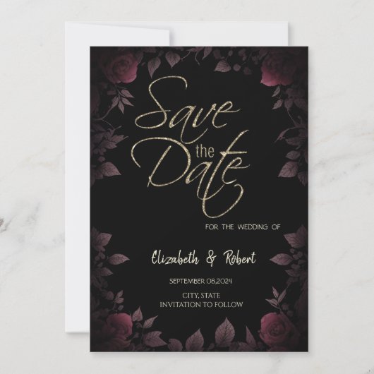 Dark Burgundy Roses Black Save The Date Card (Vorderseite)