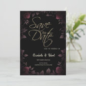 Dark Burgundy Roses Black Save The Date Card (Stehend Vorderseite)