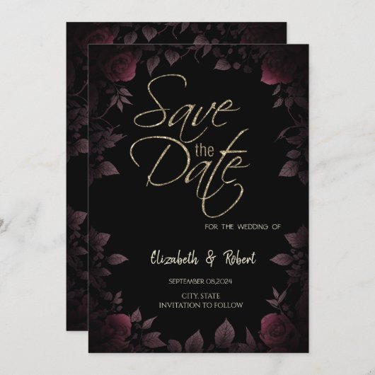Dark Burgundy Roses Black Save The Date Card (Vorne/Hinten)