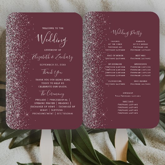 Dark Burgundy Silver Glitzer Edge Wedding Program Fächer