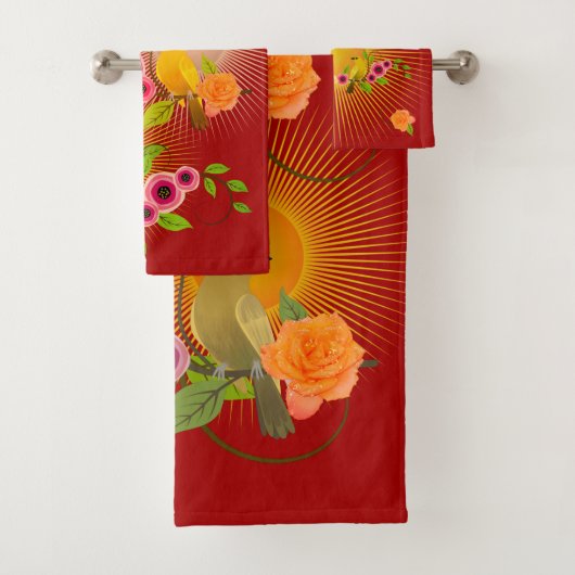 Dark Candy Apple Red Dew Drops & Sunshine Badhandtuch Set (Insitu)