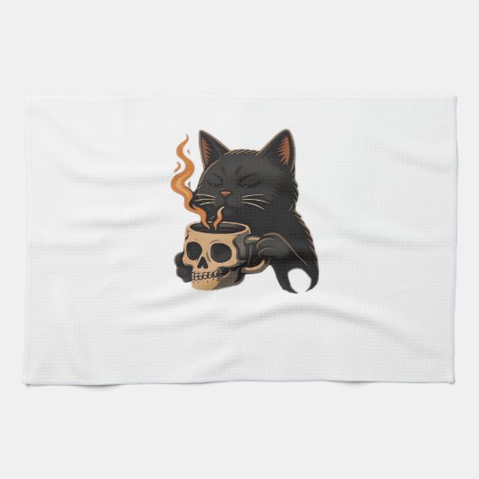 Dark Cat Coffee With Skull Mug Oversized T-Shirt Geschirrtuch (Horizontal)