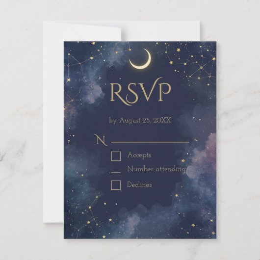 Dark Celestial RSVP Card | Crescent Moon & QR Code Karte (Vorderseite)