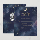 Dark Celestial RSVP Card | Crescent Moon & QR Code Karte (Vorne/Hinten)