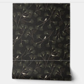 Dark Charcoal Bird & Pine Tree Pattern – Japandi  Tapete (Abrollen)