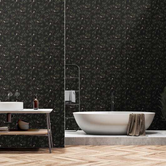 Dark Charcoal Bird & Pine Tree Pattern – Japandi  Tapete (Badezimmer)