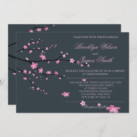 Dark Cherry Blossom Hochzeitseinladungen Einladung (Vorne/Hinten)