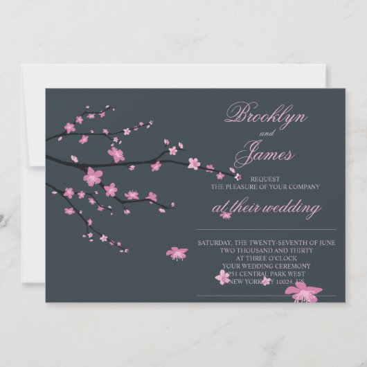Dark Cherry Blossom Wedding Invites Einladung (Vorderseite)