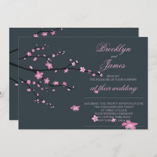 Dark Cherry Blossom Wedding Invites Einladung (Vorne/Hinten)