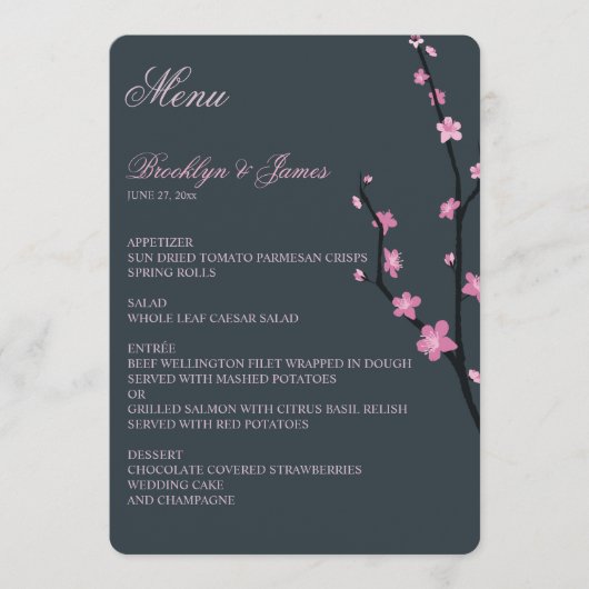 Dark Cherry Blossom Wedding Menu Menükarte (Vorderseite)