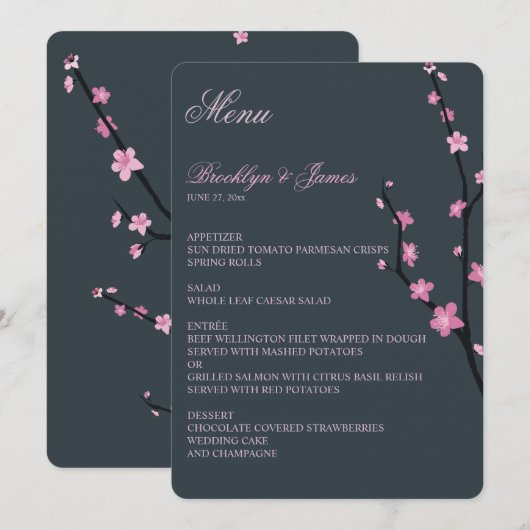 Dark Cherry Blossom Wedding Menu Menükarte (Vorne/Hinten)