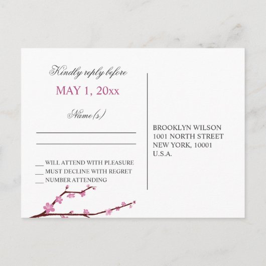 Dark Cherry Blossom Wedding RSVP Postkarten (Rückseite)