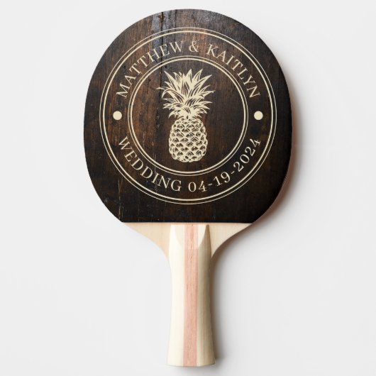 Dark Chopping Block Pineapple Wedding Crest & Name Tischtennis Schläger (Vorderseite)