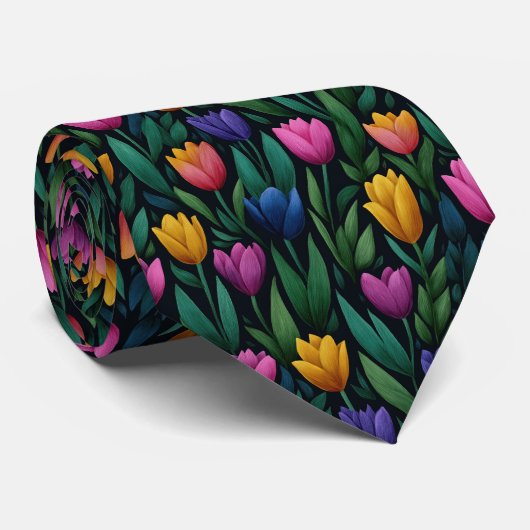 Dark Colorful Tulip Floral Pattern Krawatte (Gerollt)