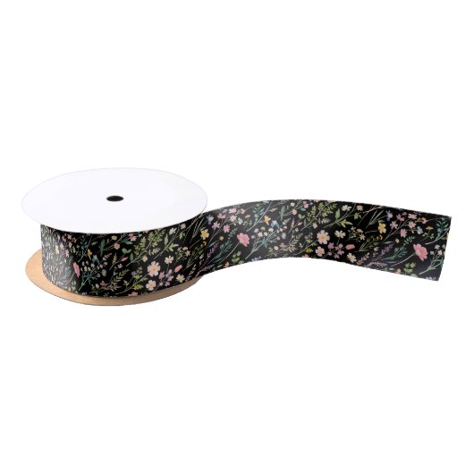 Dark Colorful Wildflower Flower Pattern Black Satinband (Spule)