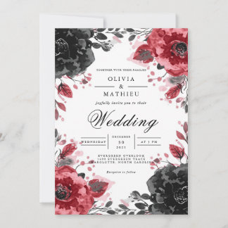 Dark Crimson Floral Romance Wedding Einladung