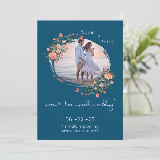 Dark Cyan Foto Rahmen floral Save The Date (Stehend Vorderseite)