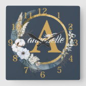 Dark Dusty Blue Floral Boho Name und Initial Quadratische Wanduhr (Vorderseite)