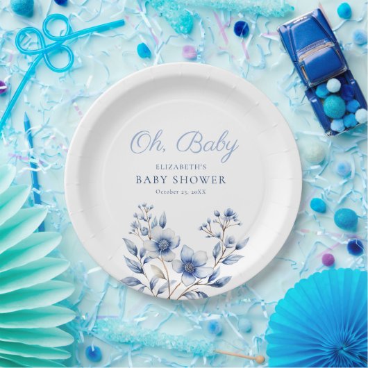 Dark & Dusty Blue Wildblumen Oh Baby Dusche Pappteller (Party)