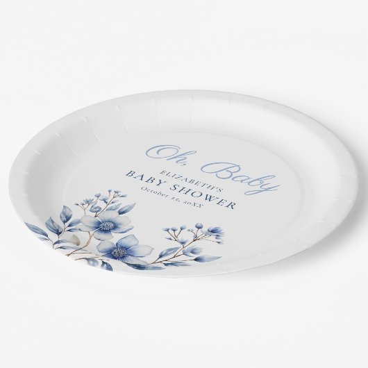 Dark & Dusty Blue Wildblumen Oh Baby Dusche Pappteller (Schrägansicht)