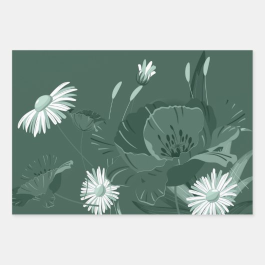 Dark Dusty Green Poppy und Daisy Geschenkpapier Set (Vorderseite)