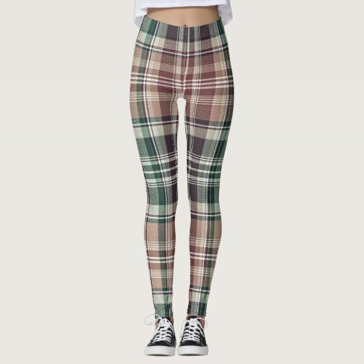 Dark Earthy Green Tan Tartan Plaid Leggings (Vorderseite)