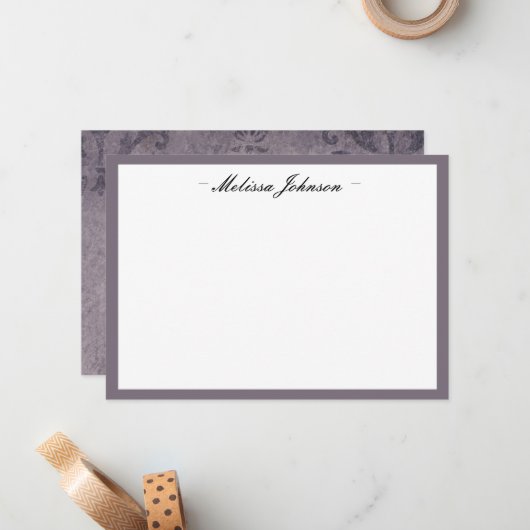 Dark Eggplant Damask Personalisiert Mitteilungskarte (Vorderseite/Rückseite Beispiel)