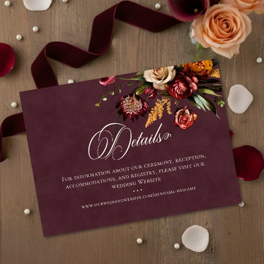 Dark Elegant Autumn Floral Burgundy Wedding Detail Begleitkarte