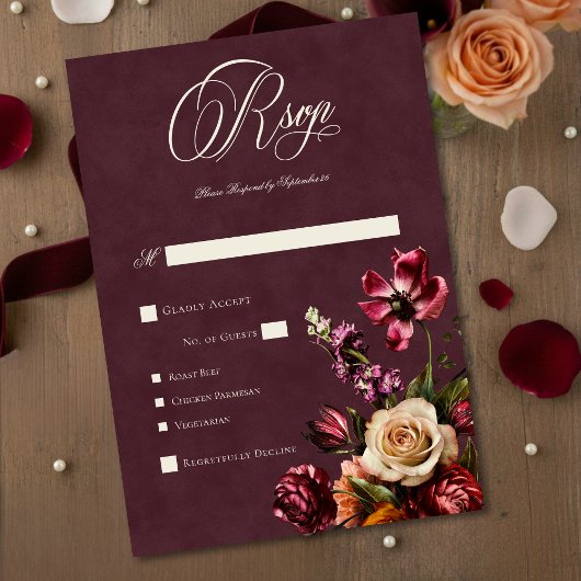 Dark Elegant Autumn Floral Burgundy Wedding Dinner RSVP Karte