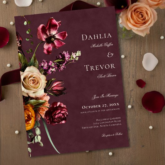 Dark Elegant Autumn Floral Burgundy Wedding Einladung