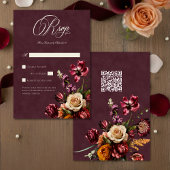 Dark Elegant Autumn Floral Burgundy Wedding QR RSVP Karte