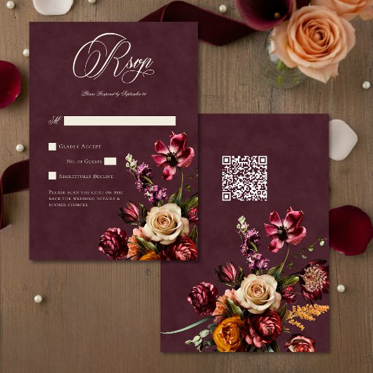 Dark Elegant Autumn Floral Burgundy Wedding QR RSVP Karte