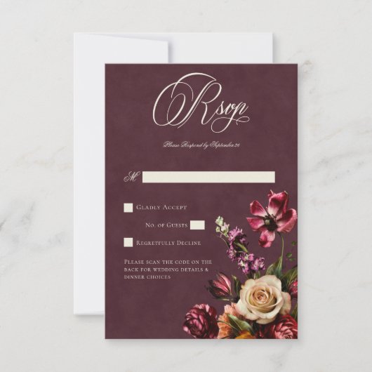 Dark Elegant Autumn Floral Burgundy Wedding QR RSVP Karte (Vorderseite)