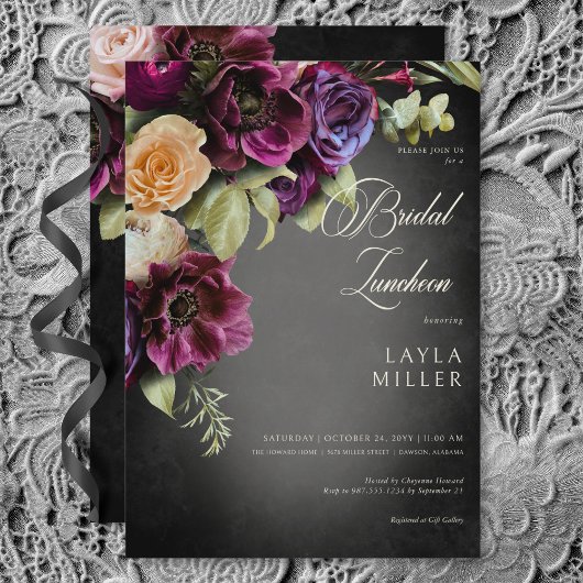 Dark Elegant Black Blur Floral Bridal Luncheon Einladung