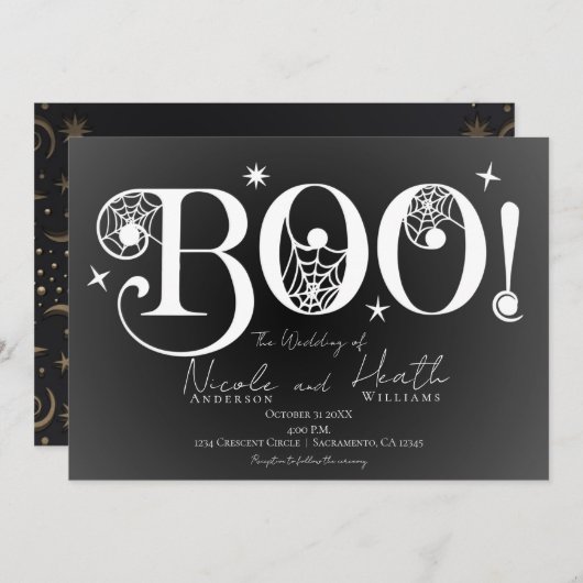 Dark Elegant BOO Schwarz-weiße Halloween Hochzeit  Einladung (Vorne/Hinten)