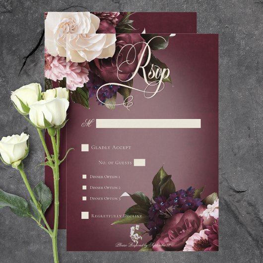 Dark Elegant Burgundy & Cream Blur Floral Dinner RSVP Karte