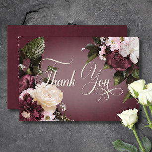 Dark Elegant Burgundy & Cream Blur Floral Wedding Dankeskarte