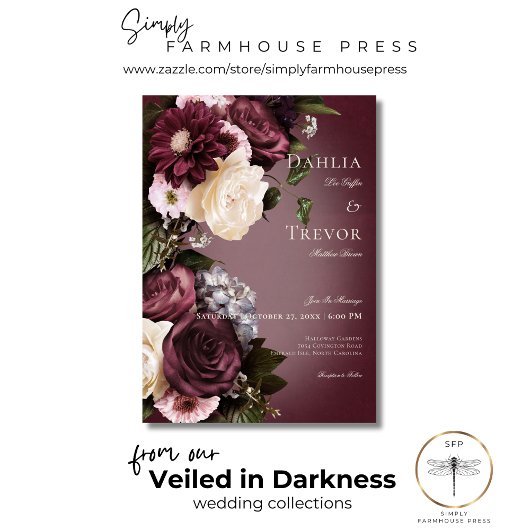 Dark Elegant Burgundy & Cream Blur Floral Wedding Einladung