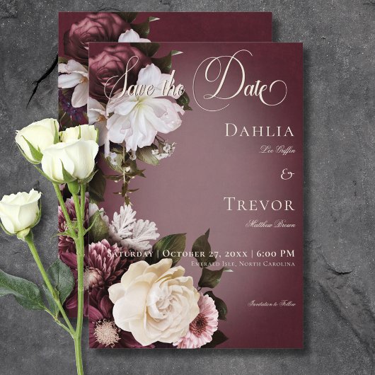 Dark Elegant Burgundy & Cream Blur Floral Wedding Save The Date