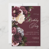 Dark Elegant Burgundy & Cream Floral Geburtstag Einladung (Vorderseite)