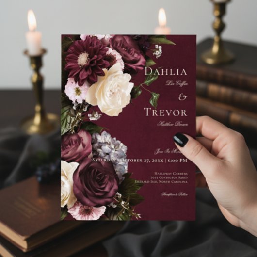 Dark Elegant Burgundy & Cream Floral Wedding Einladung