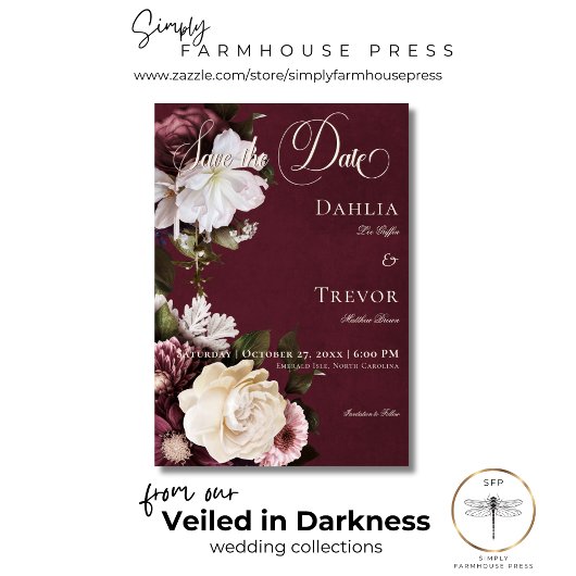 Dark Elegant Burgundy & Cream Floral Wedding Save The Date