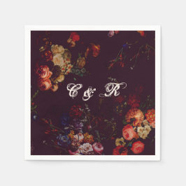 Dark Elegant Burgundy Moody Floral Name Intitials Serviette