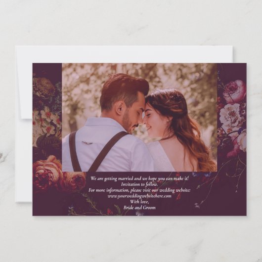 Dark Elegant Burgundy Moody Floral Save The Date (Rückseite)
