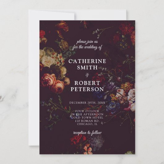 Dark Elegant Burgundy Moody Floral Wedding Einladung (Vorderseite)