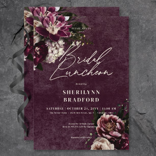 Dark Elegant Burgundy & White Floral Bridal Brunch Einladung