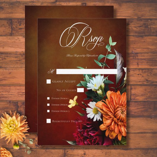 Dark Elegant Summer Sunset Floral Wedding Dinner RSVP Karte
