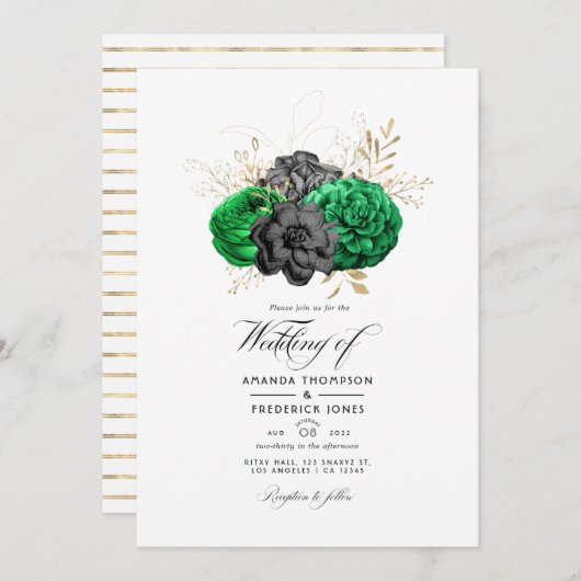 Dark Emerald and Gold Floral Wedding Foto Einladung (Vorne/Hinten)